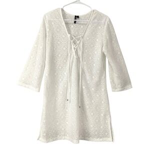 Porto Cruz White Lace 3/4 Sleeve Beach Cover Up Tunic Dress Beachwear Size L